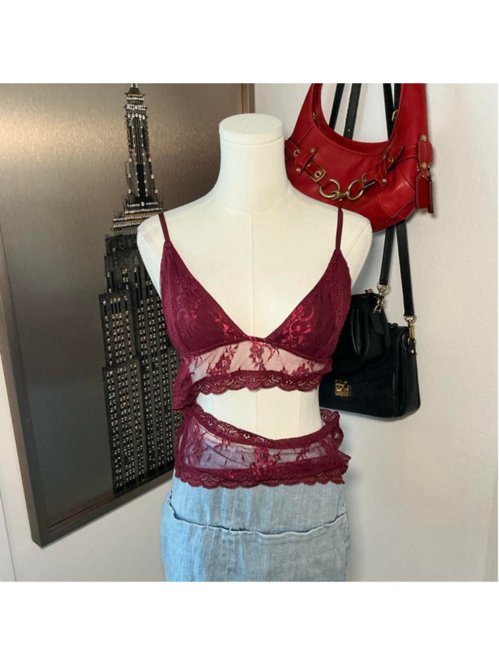 Edikted Burgundy Sheer Floral Lace Crop Top Size Large